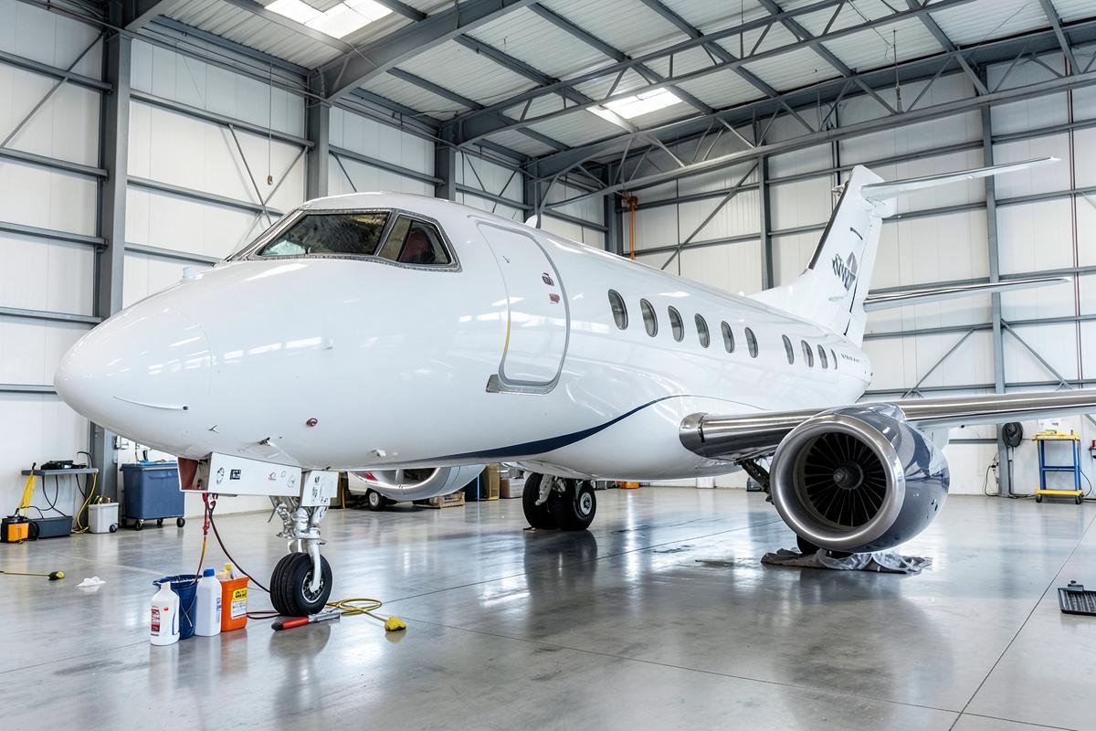 Freshly cleaned private jet inside an aircraft hangar