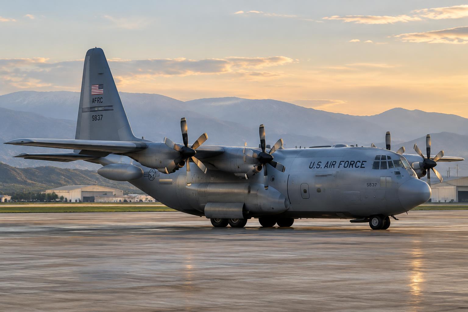 C-130 Hercules military transport aircraft parked on an airfield ramp at golden hour