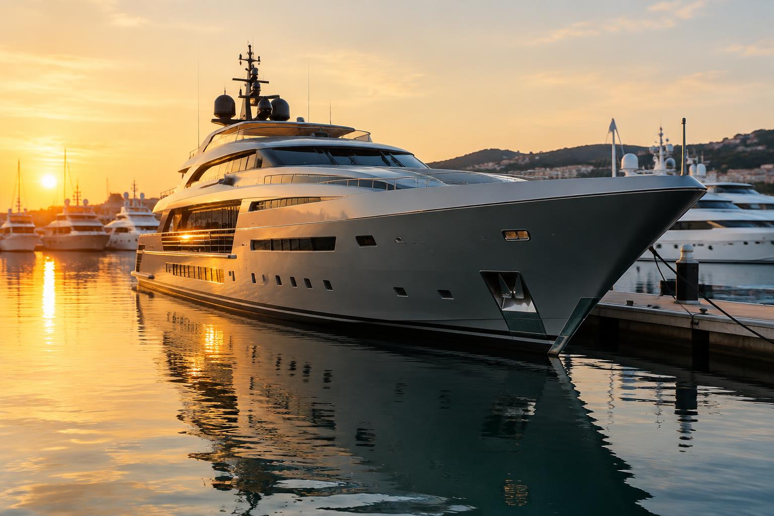 Gray superyacht docked at a marina at golden hour